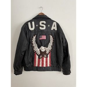 Vtg Leather Motorcycle Jacket Marco Bassi USA American Flag Eagle Men's Size L